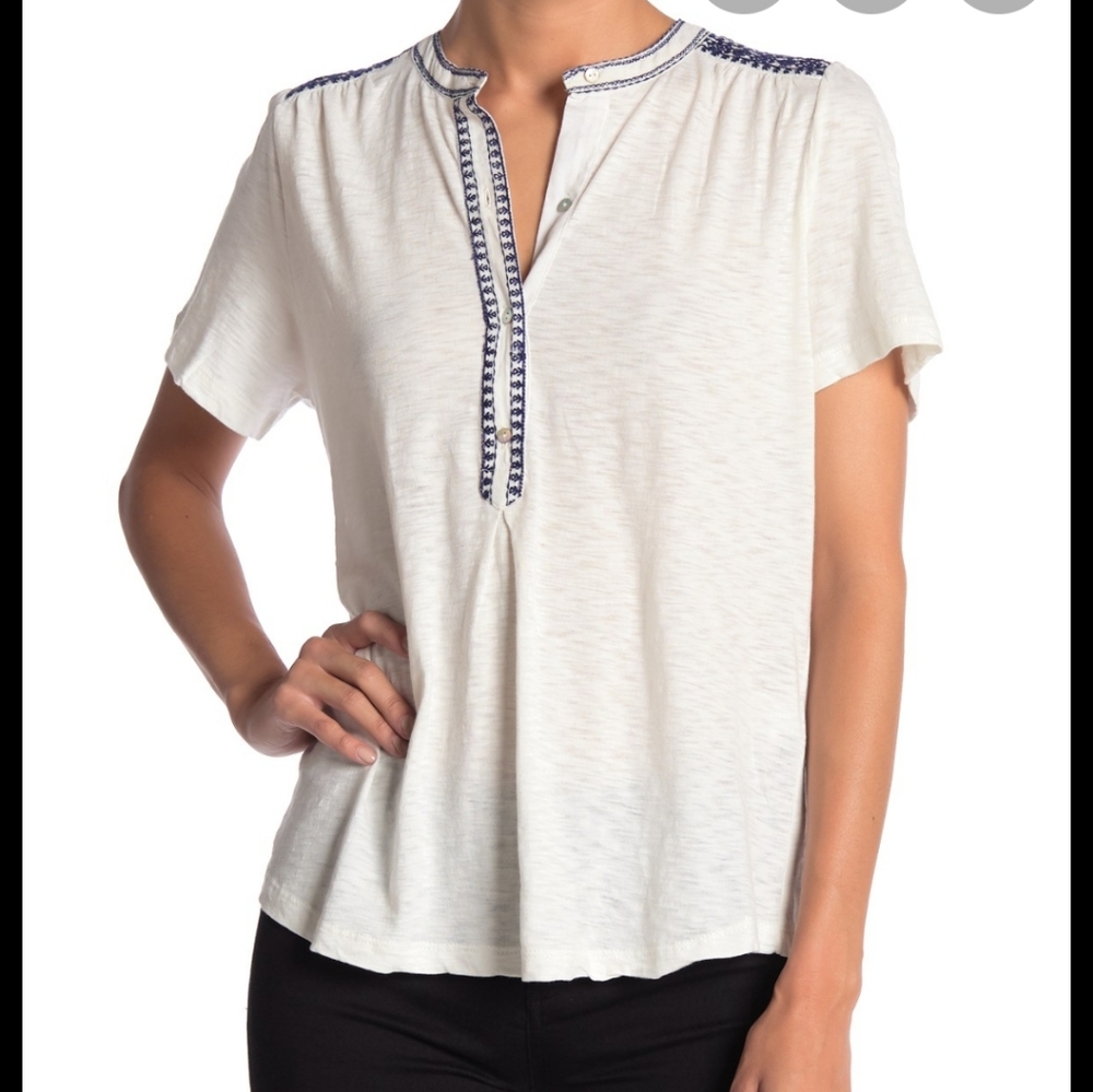 Lucky Brand Embroidered Split Neck Tee